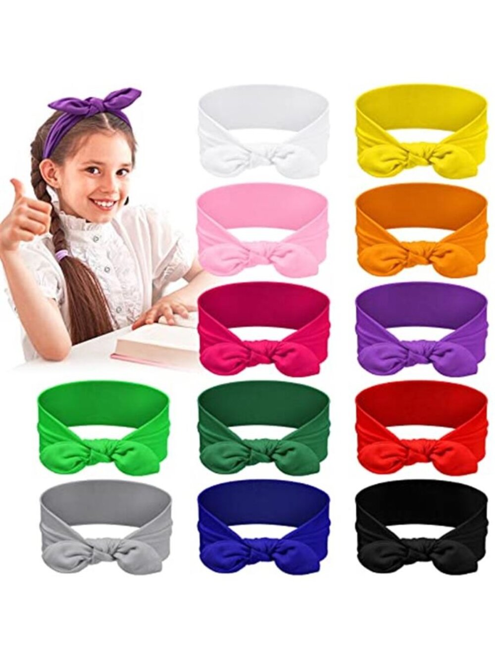 Girls Headbands Bow Rabbit Ear Hair Bands Colorful Hair Accessories 12-Pack
